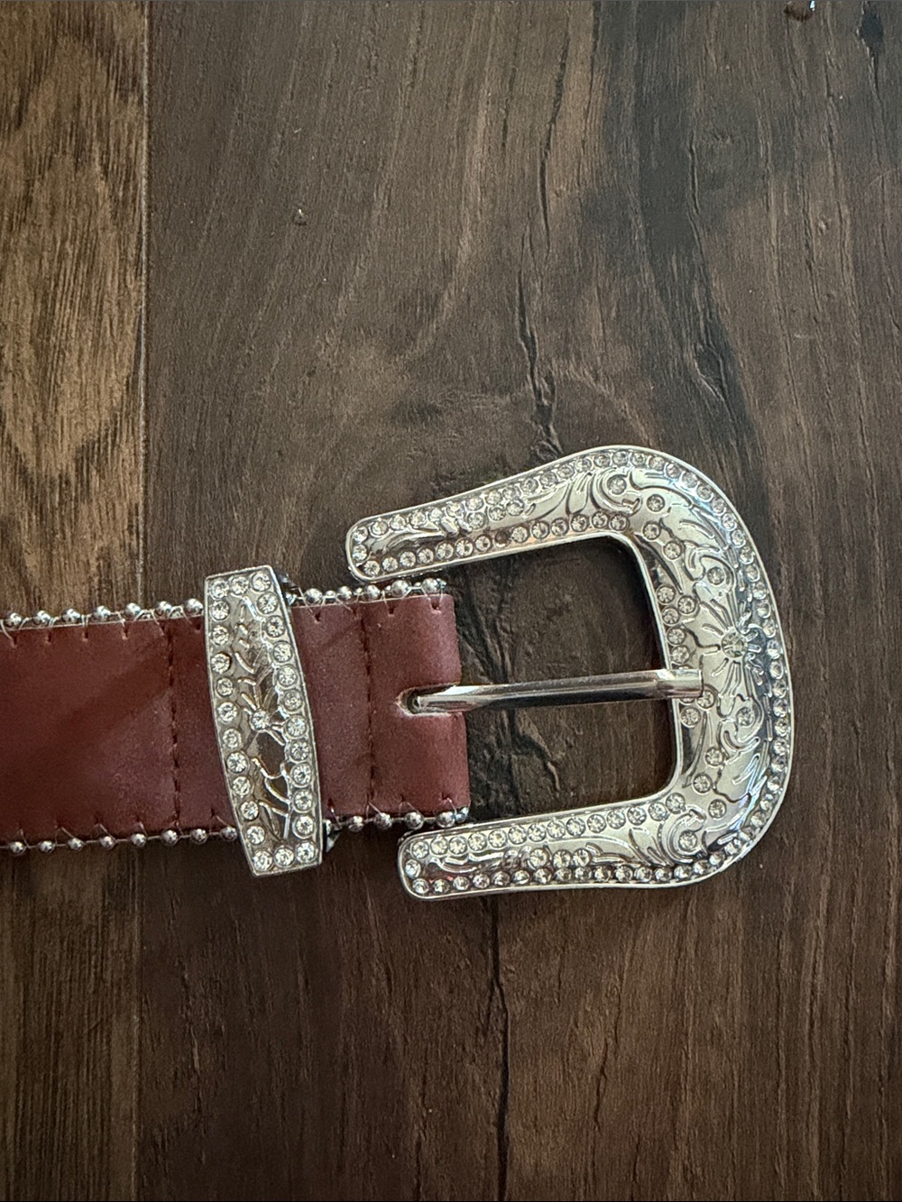 Rhinestone Western Leather Belt - Brown